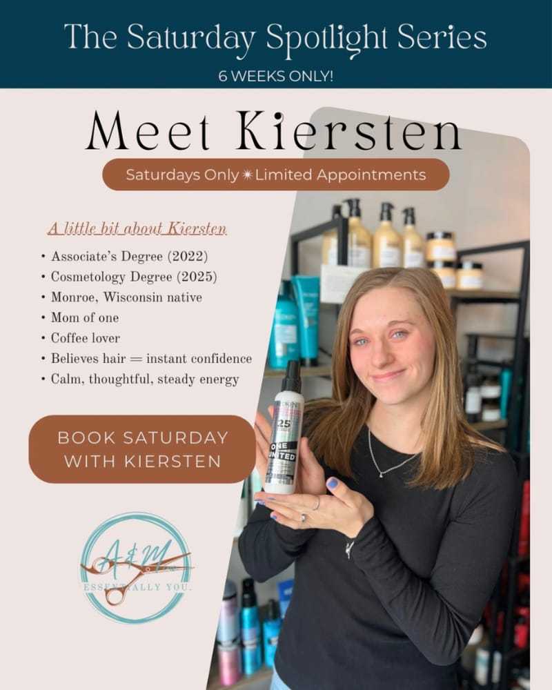 Kiersten offers hair consultations, Saturdays only. Featuring credentials and appointment details.