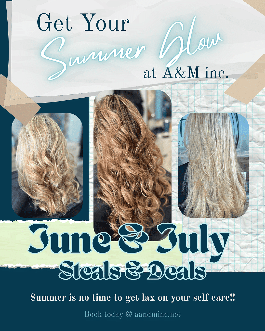 Hairstyle promotion for June and July at A&M Inc., featuring wavy blonde hair.