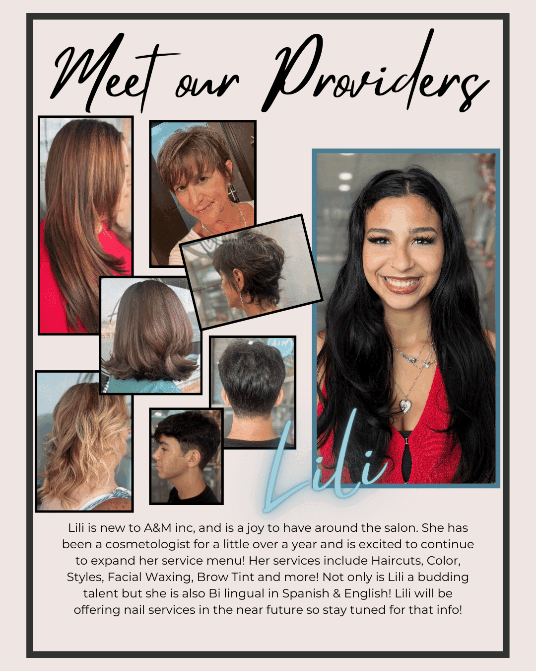 Meet Lili, a bilingual cosmetologist offering haircuts, color, styles, and more at A&M Inc.