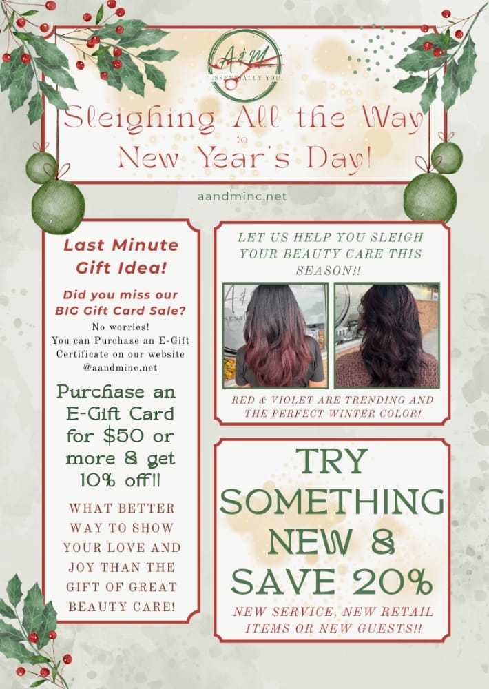 Hair salon holiday promotions with gift cards and 20% off for new services and guests.