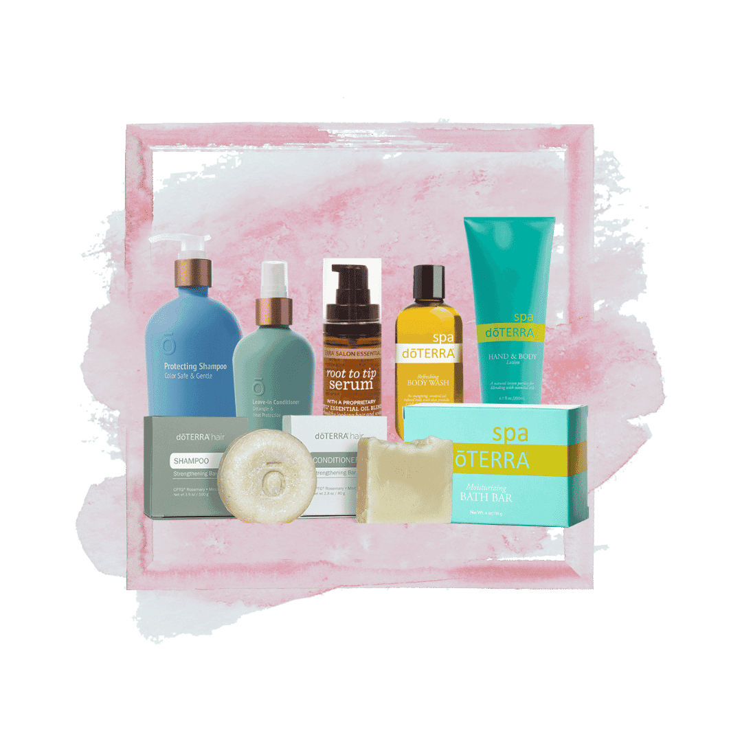 Various spa and skincare products arranged against a pink, watercolor-style background.