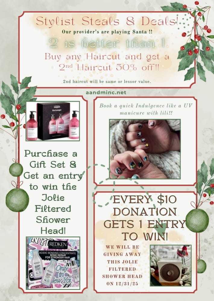 Special promo: Buy a haircut, get a 2nd at 50% off. Gift sets include raffle entry.