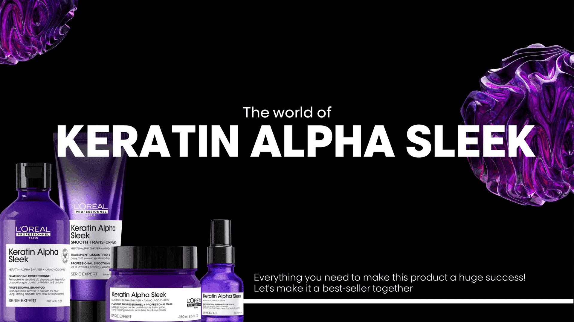 Keratin Alpha Sleek products with purple accents on a black background.