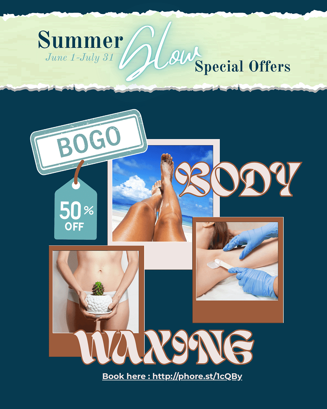 Summer body waxing special: BOGO and 50% off deals. Book now for smooth skin.