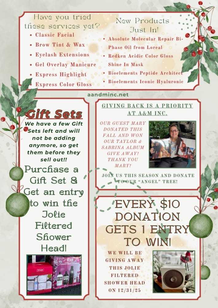 Gift sets and charity event with prizes at A&A Minc, including Jolie shower head raffle.
