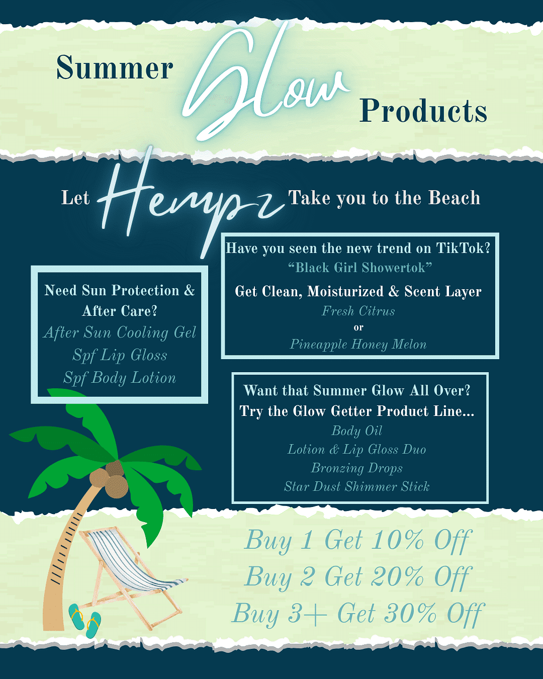 Summer skincare products with discounts; includes SPF, moisturizer, and glow set details.