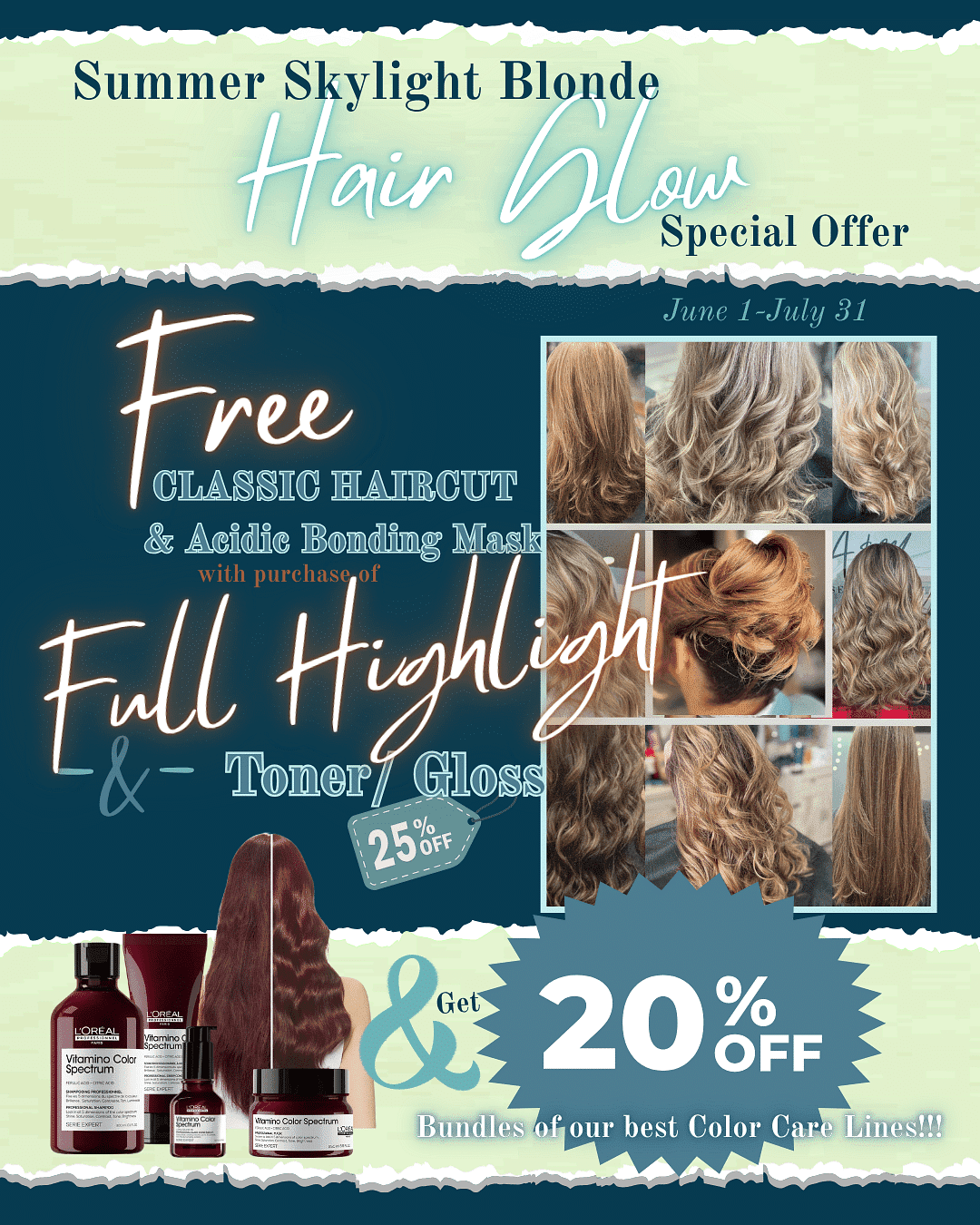 Summer hair sale: Free haircut & mask with full highlight. 20% off color care bundles.